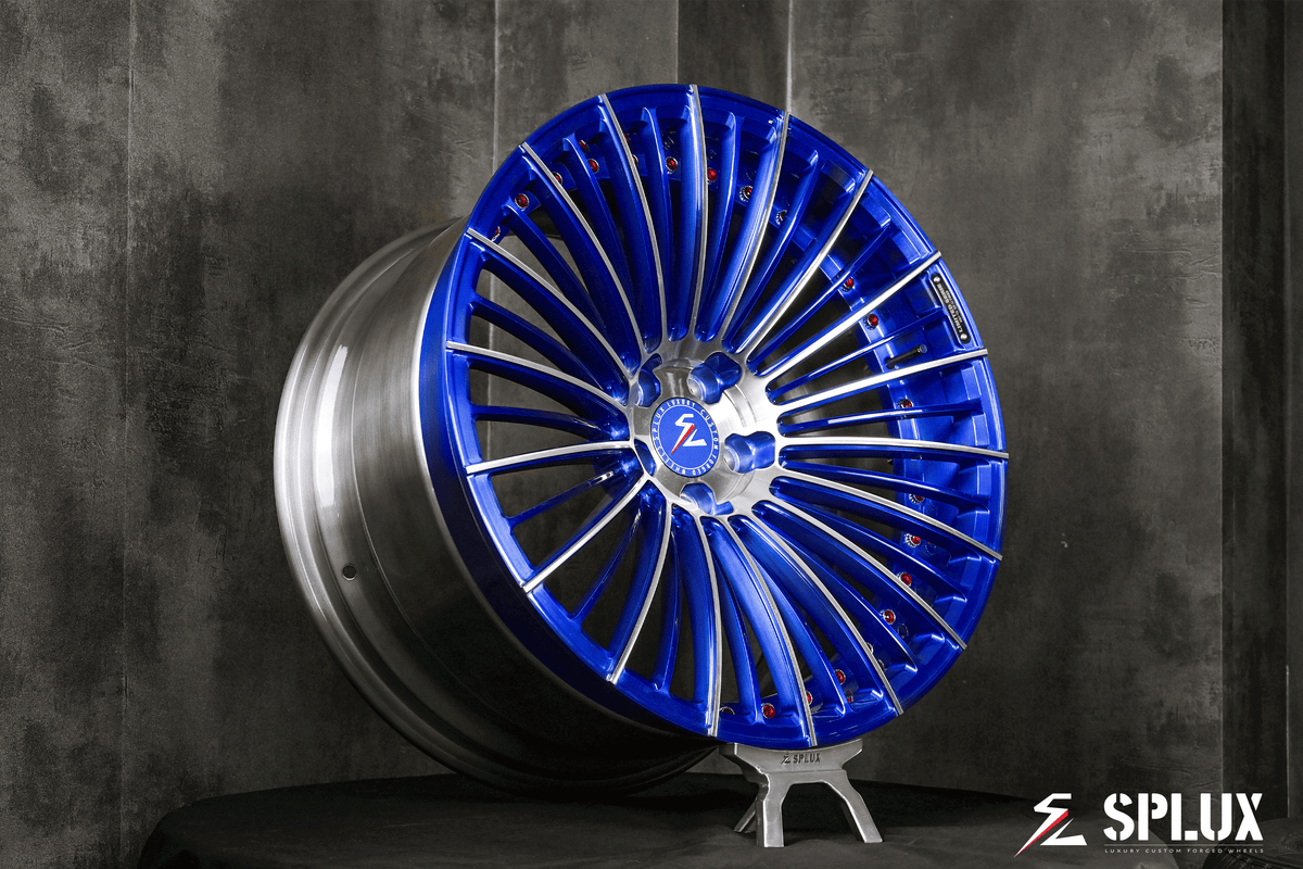 Splux SL-C19 custom forged 2-piece blue and silver 20inch concave aftermarket wheels for 2015 BMW M4.