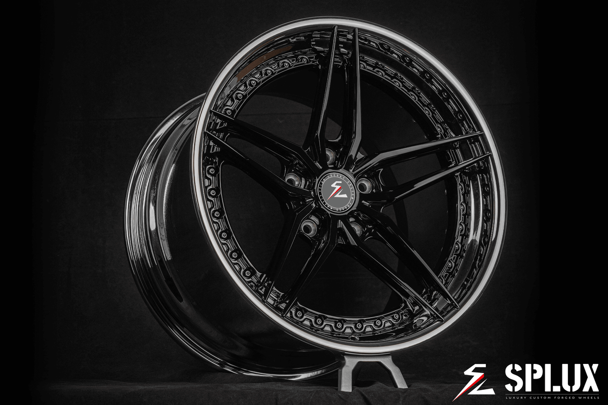 Splux SA-01 19-inch custom forged 2-piece black chrome wheels for 2008 Porsche 911 Turbo. Concave, aggressive 5-spoke design for luxury.