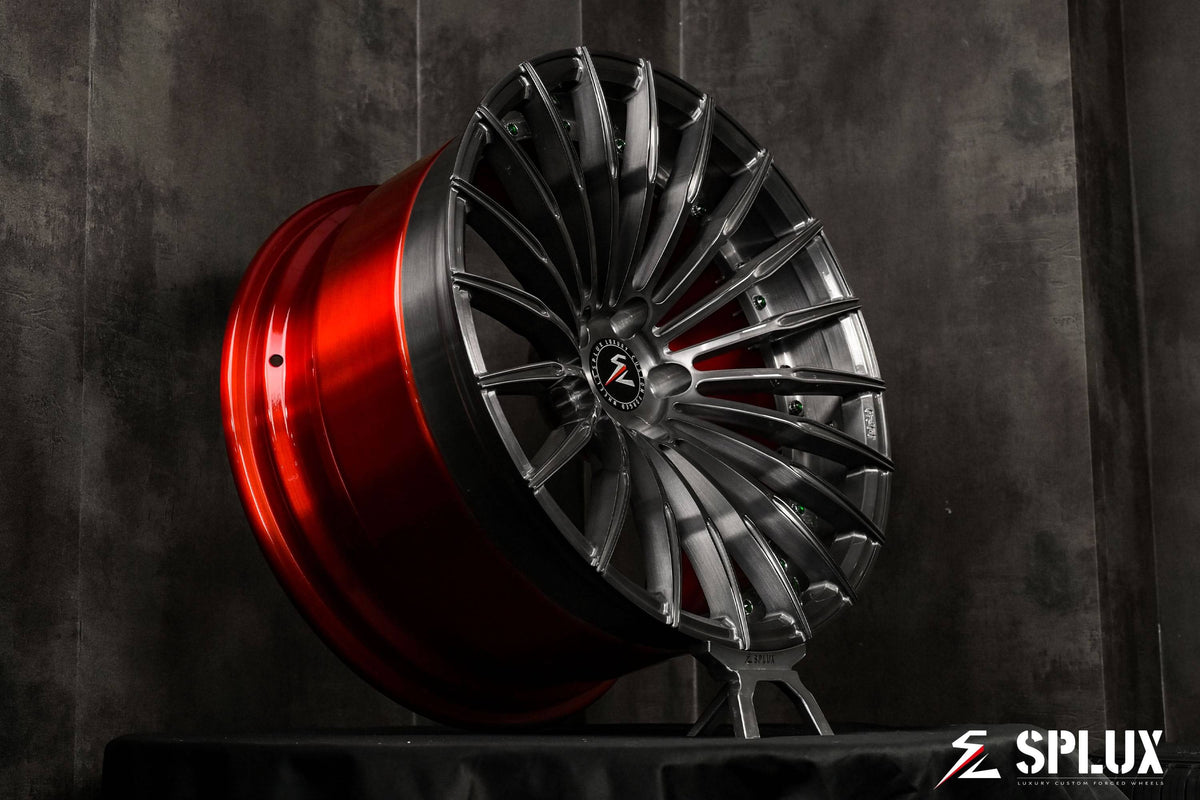 Splux SL-C24 20-inch custom forged 2-piece rims for 2014 BMW 228i. Black and red concave design, perfect aftermarket upgrade.