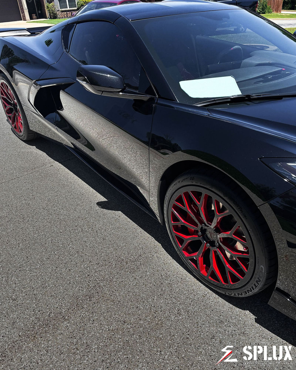 2021 Corvette C8 Stingray Z51 with black corvette with red rims, SC-14M forged wheels with piano black finish and crimson red accents
