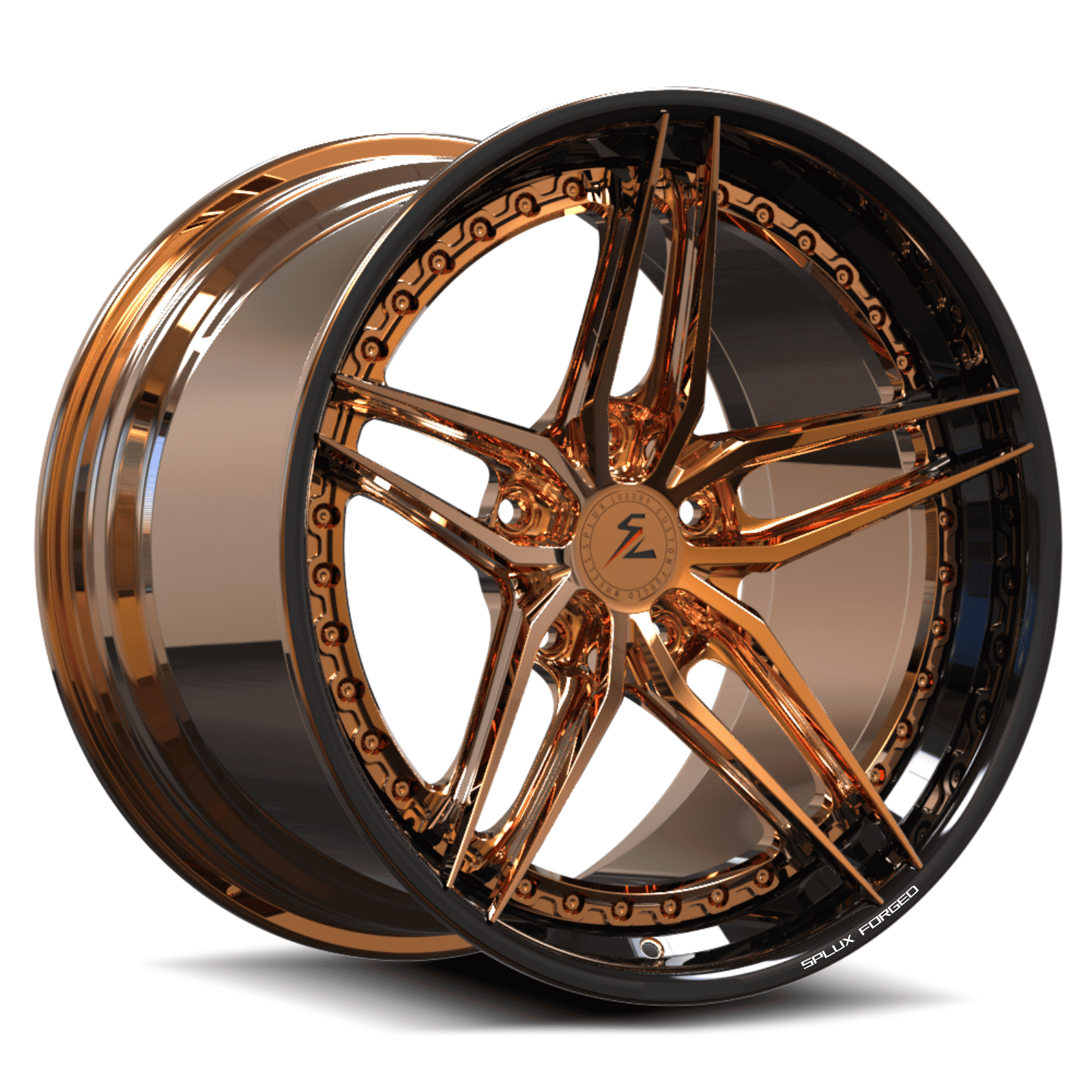 19" wheels clk 5 spoke with copper and black lip. polished transparent finish step lip wheels.