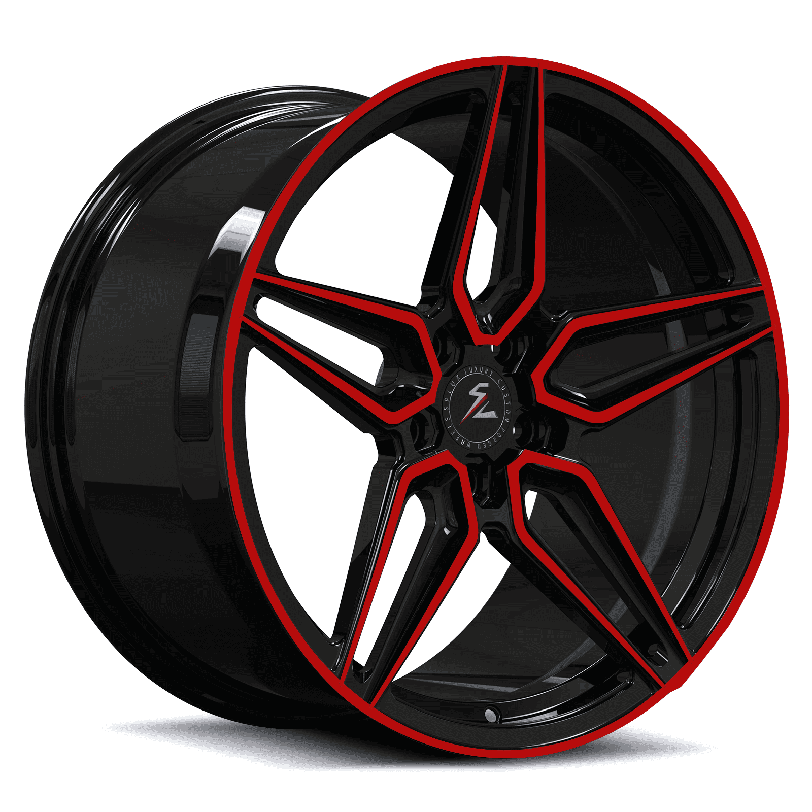 Mercedes 5-spoke wheels from SA-01M Monoblock Forged. Custom red and black finish to match the body paint color.