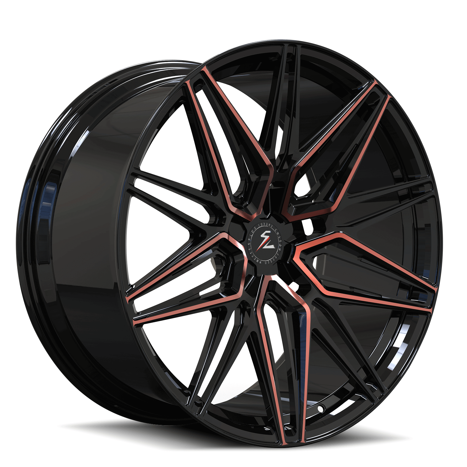 Splux SA-02 custom forged monoblock wheels for C7Z Corvette ZR1, 19/20 inch aggressive black and rose gold aftermarket wheels.