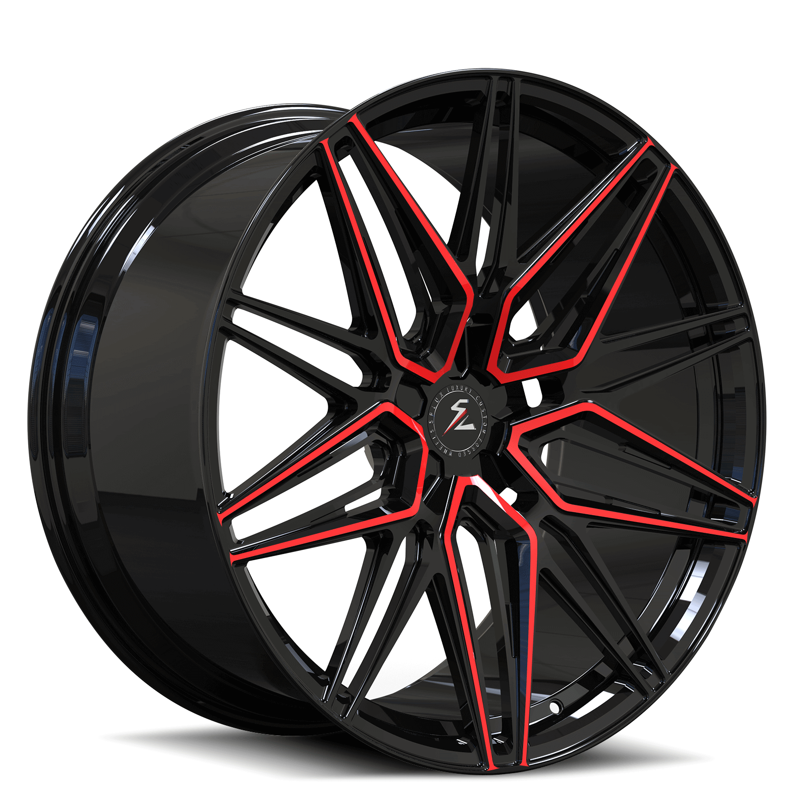 Corvette C7 Z06 20/21 inch custom forged monoblock wheels by Splux SA-02, aggressive black and red aftermarket wheels.