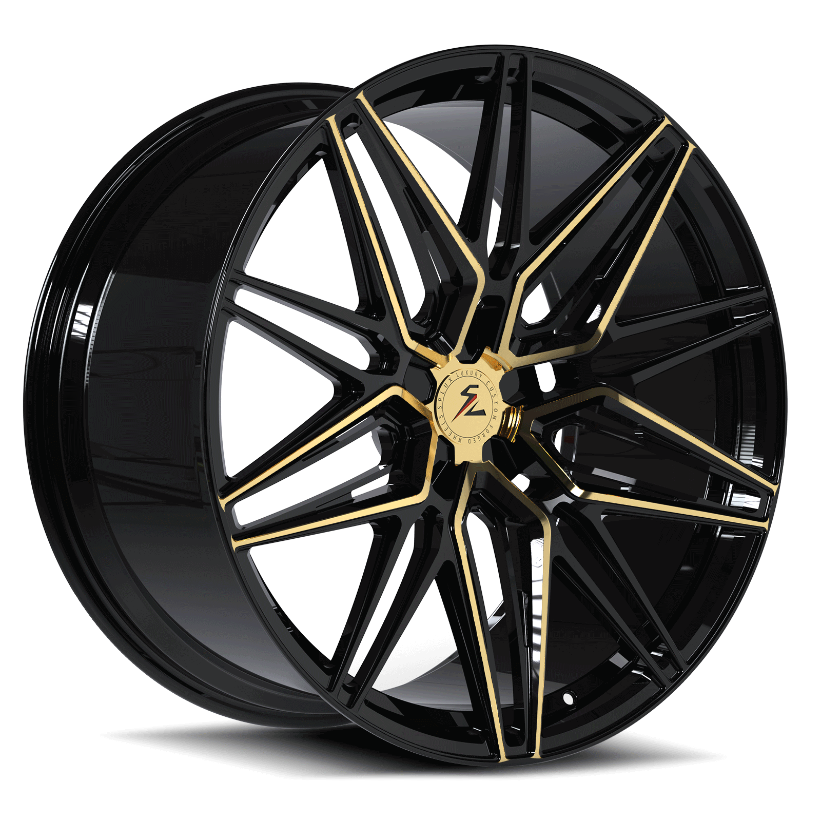 C7 Z06 wheel specs with Splux SA-02 custom forged monoblock wheels, 21/22 inch aggressive black and gold aftermarket wheels.