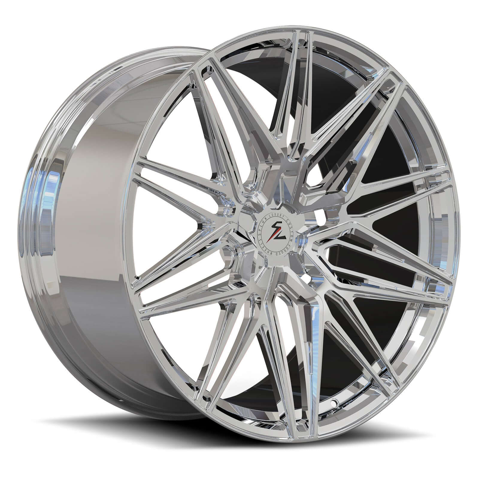 Corvette C7 Stingray polished 18/19 inch custom forged monoblock wheels by Splux SA-02, aggressive aftermarket wheels.