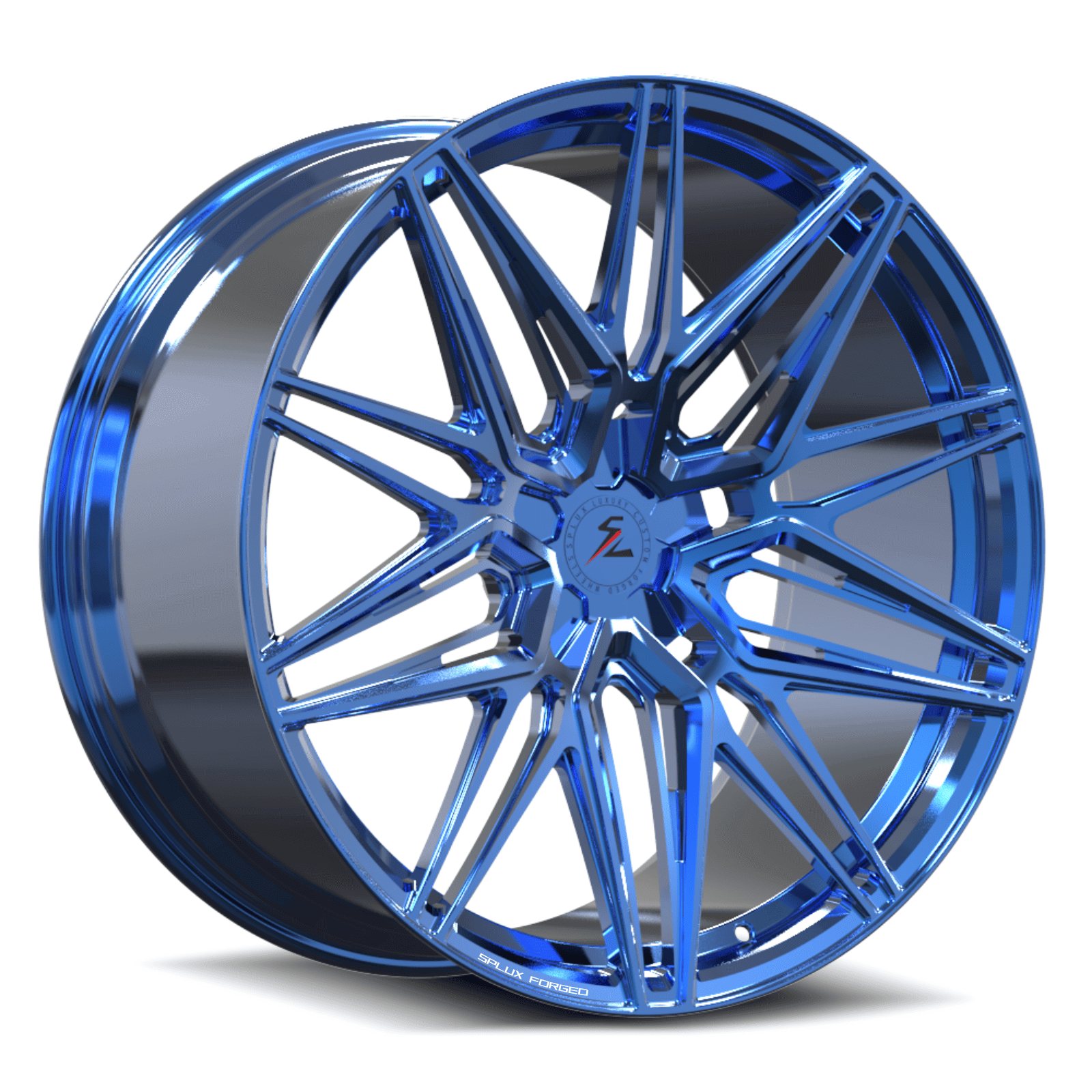 z06 corvette c7 wheels with polished blue finish. fully forged aftermarket rims lighter than oe stock wheels.
