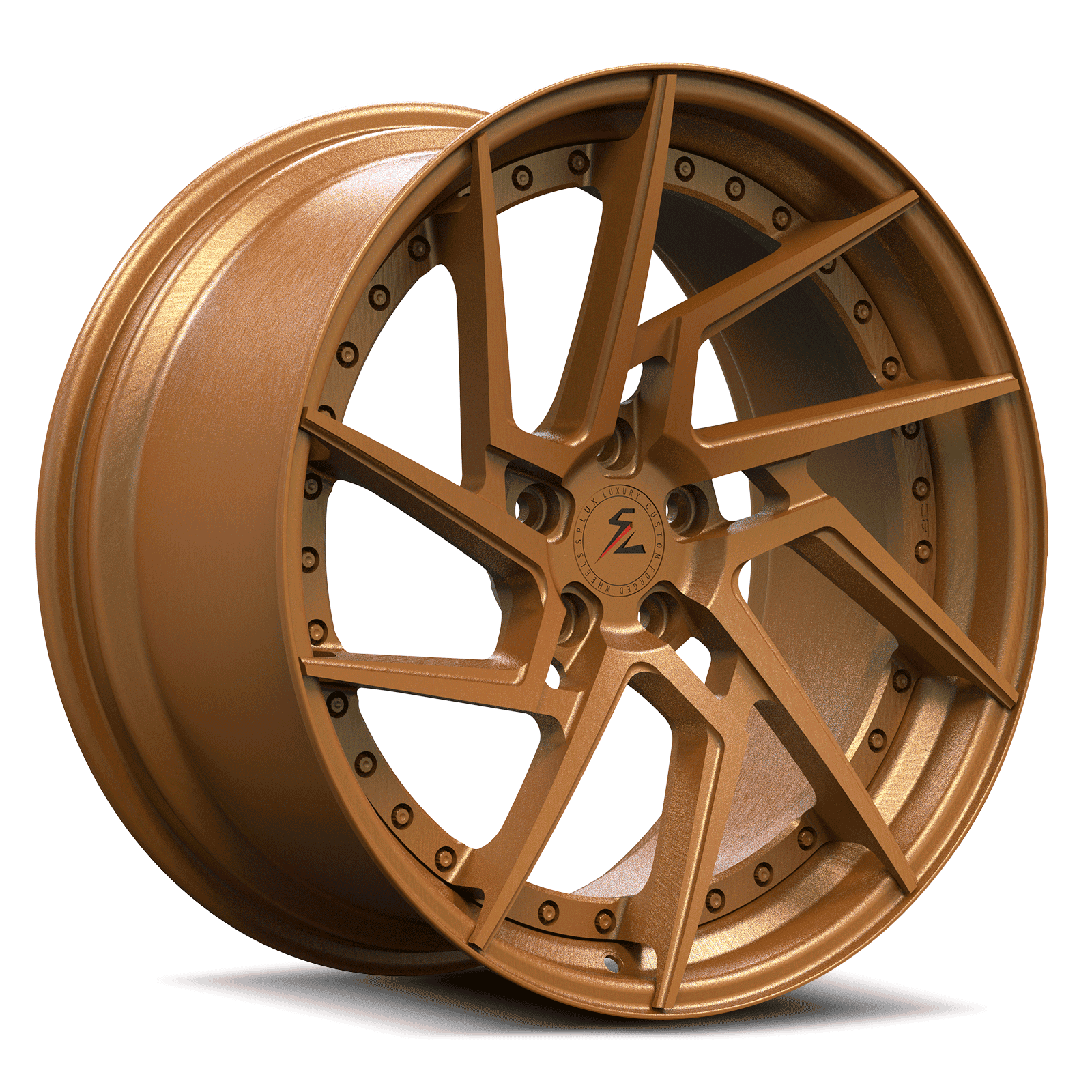 Bronze car wheels with a directional design. Custom forged 2-piece bronze wheels for any vehicle.