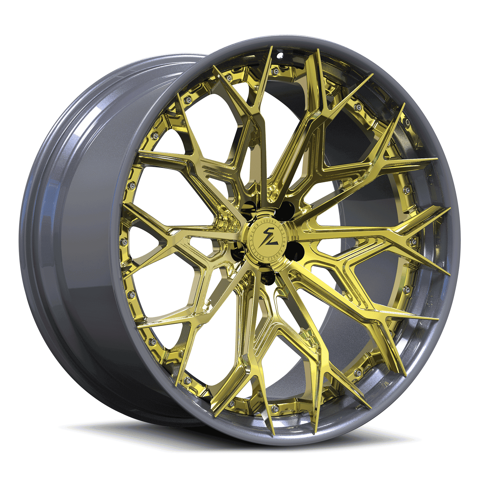 Blue car gold rims combination: 20-inch 5x114.3 Honda Civic Type R. Performance forged 2-piece design.