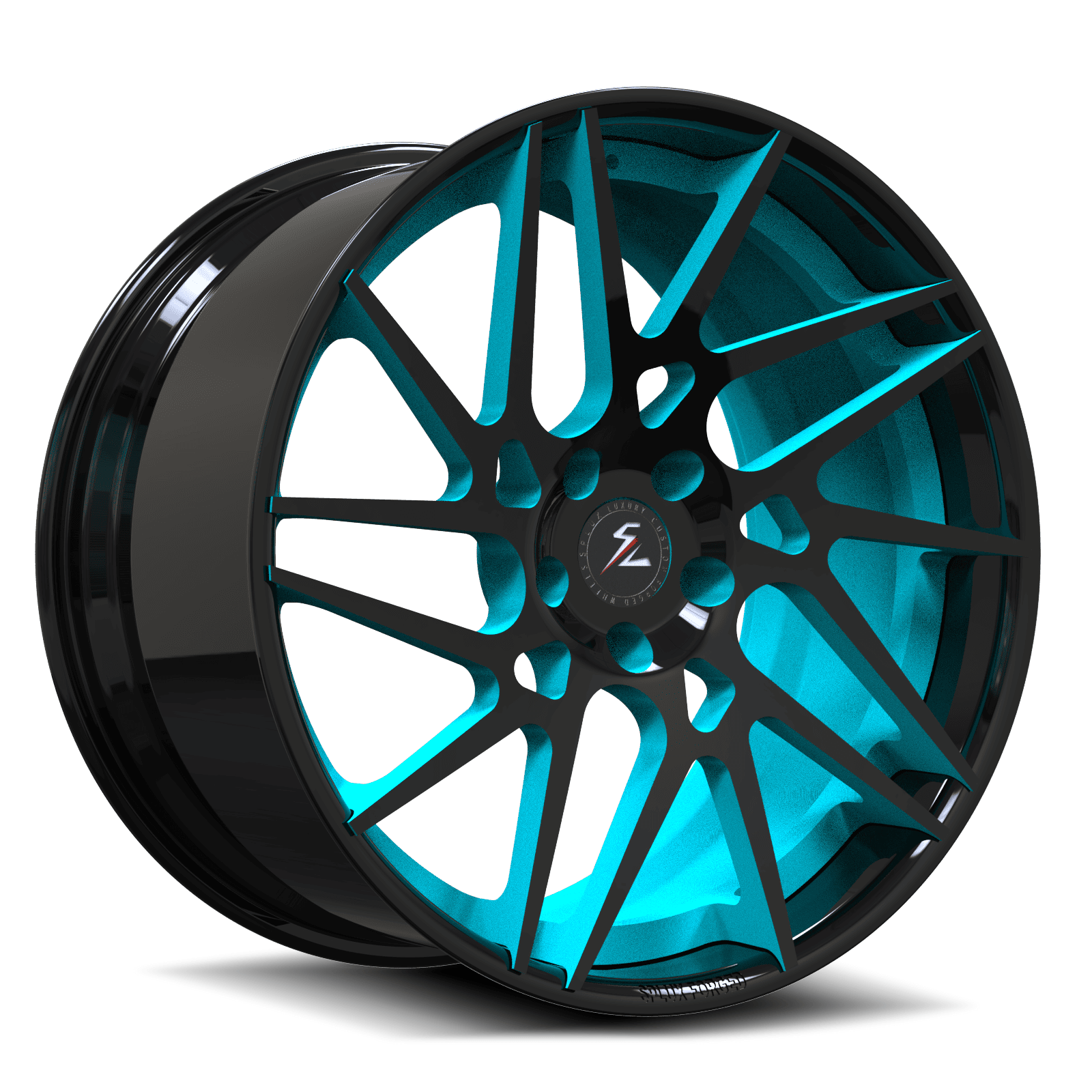 17,19,20 inch custom blue and black rims for coupe. custom finish making the wheels unique.