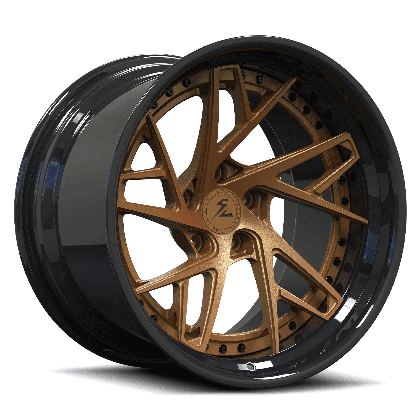 Custom bronze truck wheels, 18x9 with a 5x114.3 bolt pattern, designed for a Jeep Wrangler, featuring concave lightweight construction.