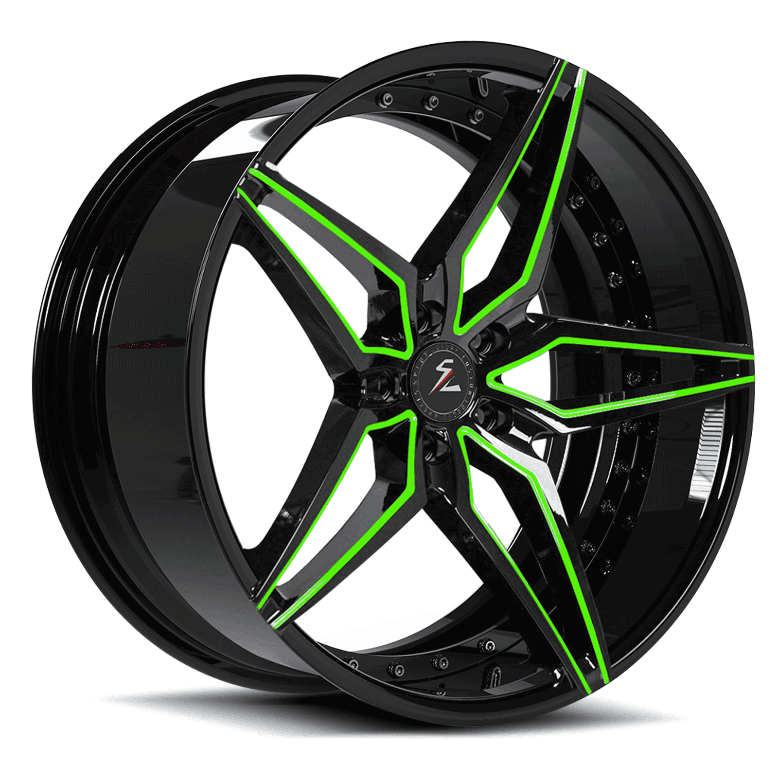 6-lug split 5-spoke rims with decorative rivets. Green accents and black finish for pickup trucks—upgraded performance wheels.