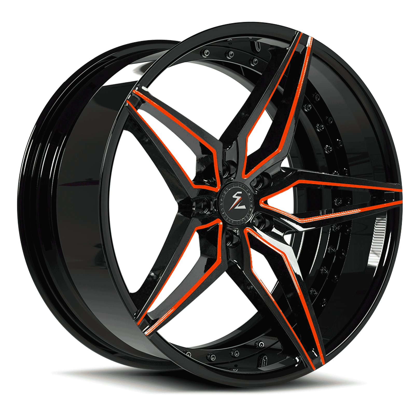 22in 5 spoke wheel 6 on 5.5 with rivets. Orange star-shaped face and black finish to match truck accents.
