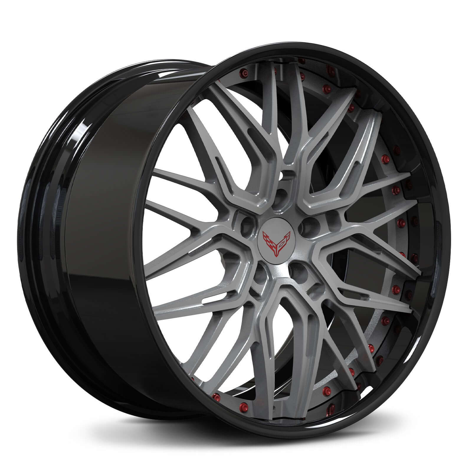 C6 Corvette deep dish wheels with gunmetal center, black barrel, and red rivets. Fully forged OEM staggered sizes or larger.