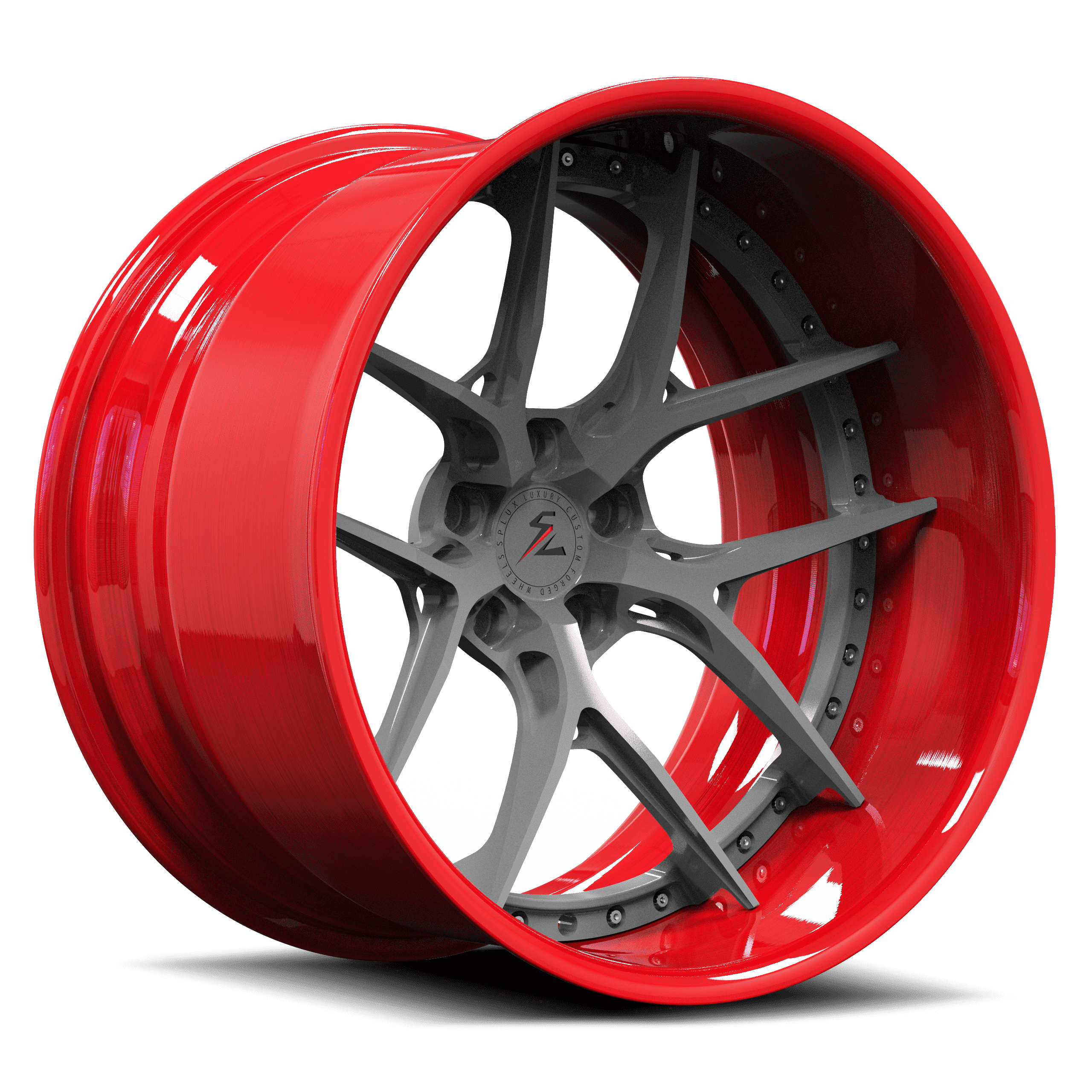 2004 Ford Mustang GT deep dish wheels with a red and gray finish, unique deep dish chrome rims for trucks,cars like Mustang.