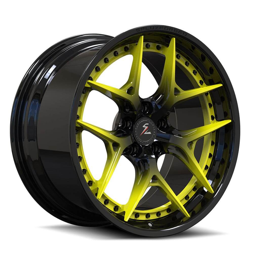 Deep dish 22-inch rims with accelerate yellow fade in black. Aggressive-looking deep lip rims for corvette c8.