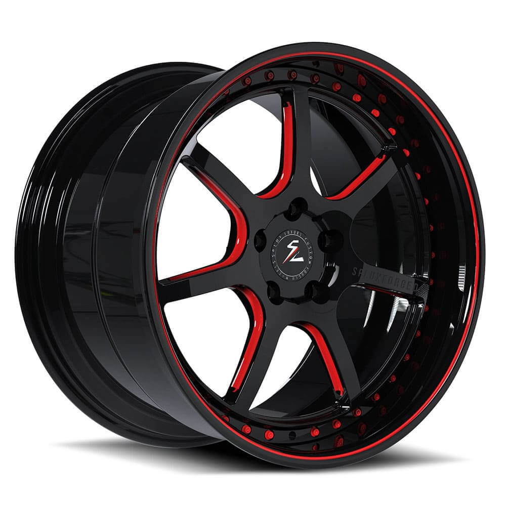 Street strip deep dish wheels by Splux, custom SD-05 forged 2-piece. Black and red sporty style JDM aftermarket rims.