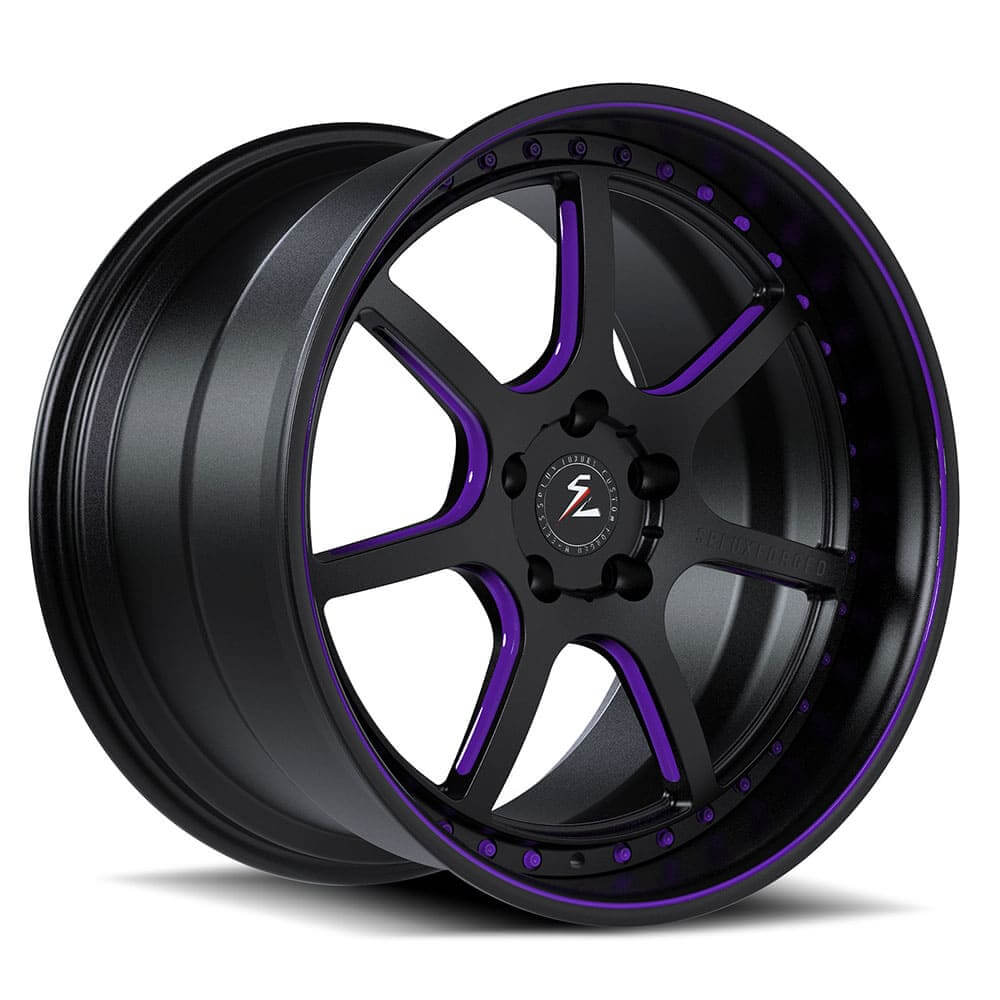 Deep dish 18-inch wheels with purple and black rally style. Fully 6061-T6 forged 2-piece design, custom-made per order.