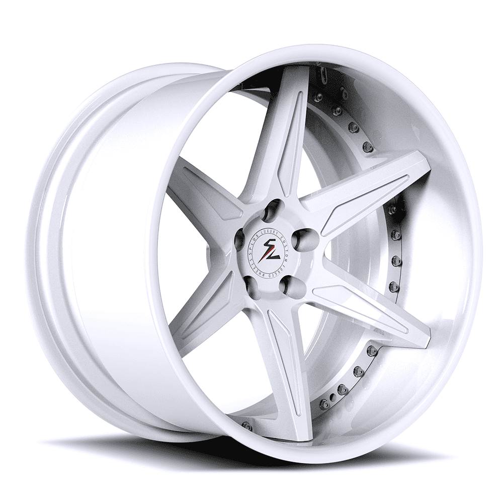 Deep dish white wagon wheels with 6-spoke design and deep dish wheels with corvette spinners for perfect fitment.