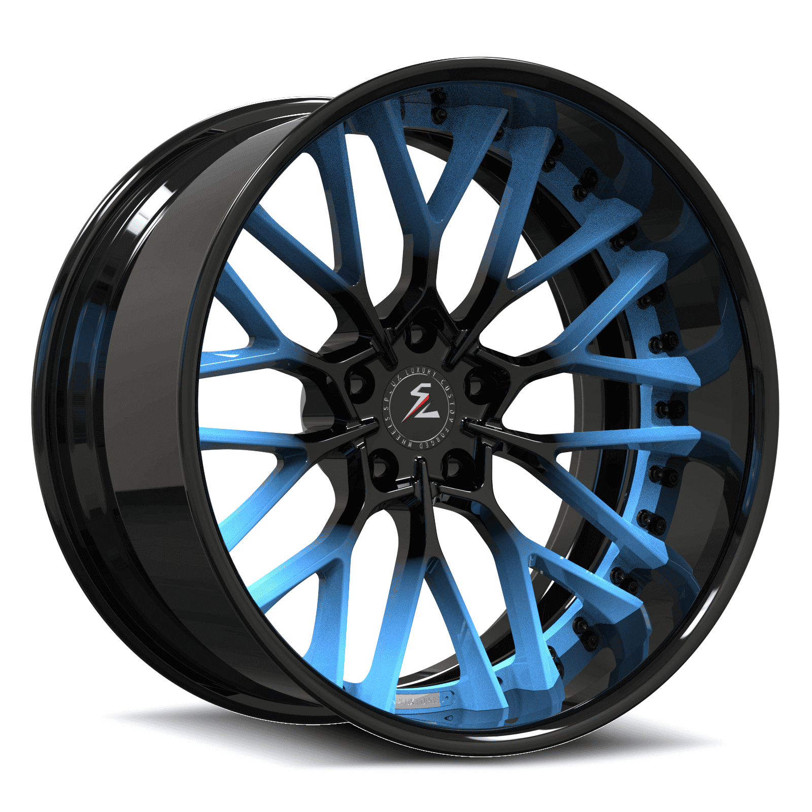 black and blue wheels military style.aftermarket fully forged deep dish 2-piece rims.