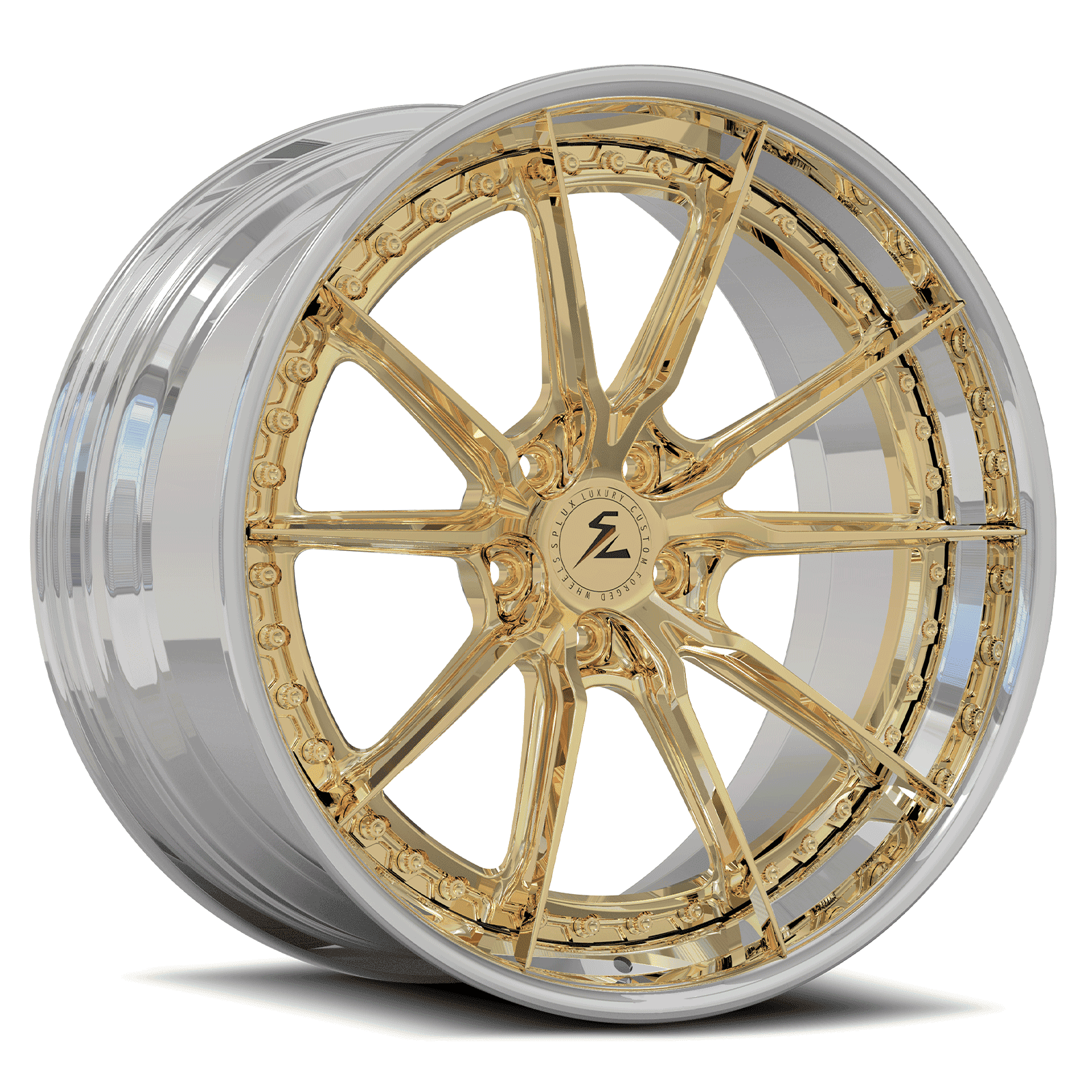 Gold Lambo with 5x112 gold wheels in 21-inch, 22-inch. Custom forged 2-piece aftermarket Lamborghini wheels from Splux.