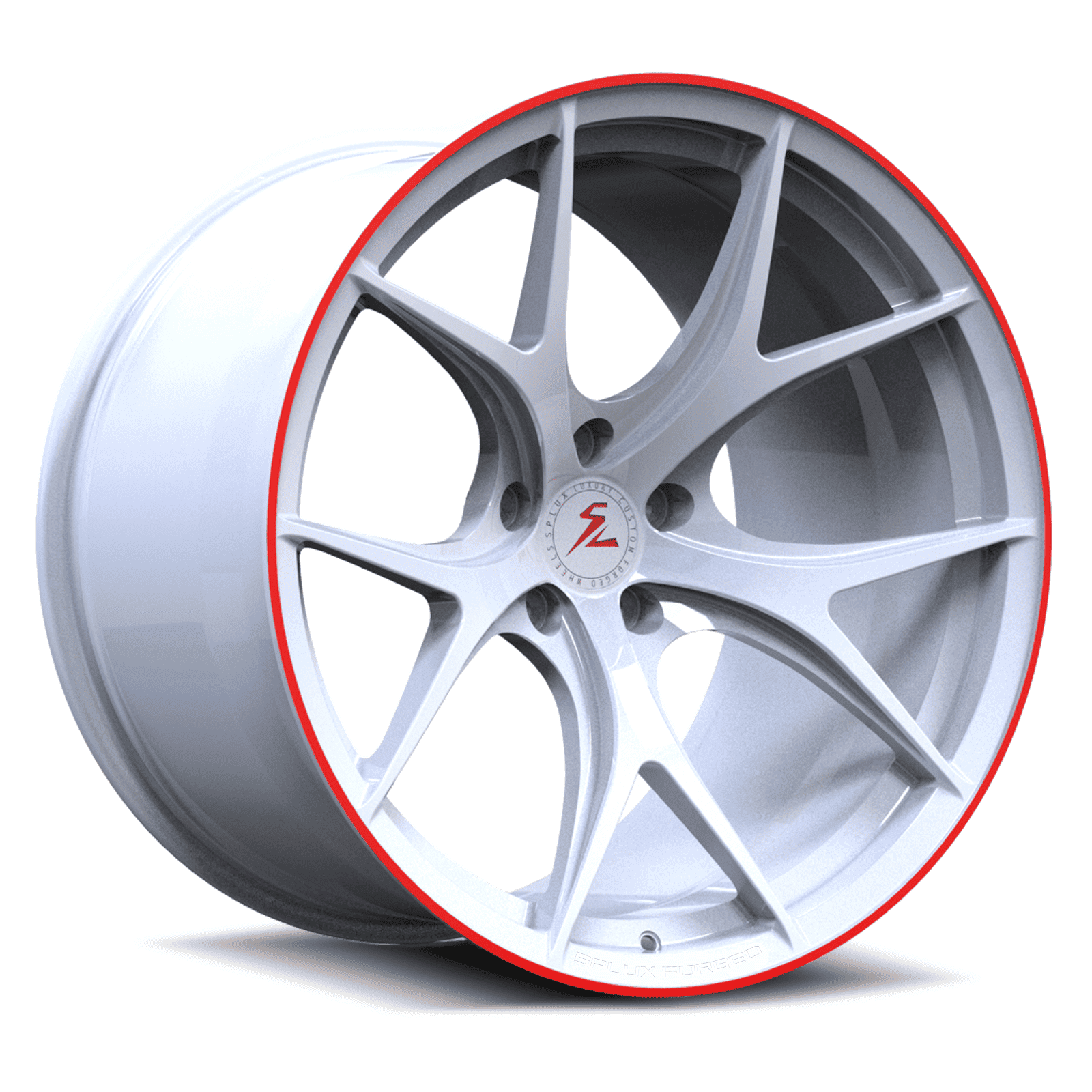 Lightweight wheels for sn95 mustang cobra,gt350 with white and red stripe. Concave Y-spoke aftermarket rims from Splux.