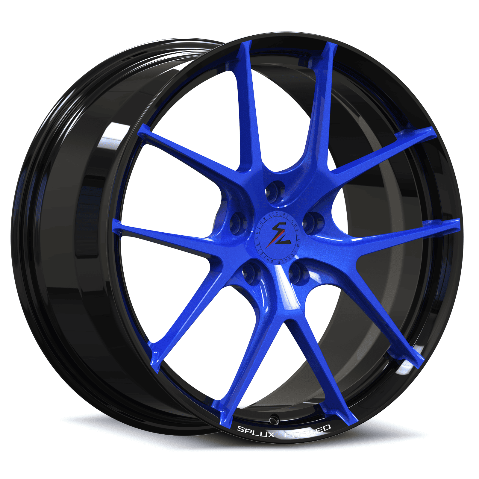 blue and black rims on hatchback with ultra lightweight fully forged monoblock.
