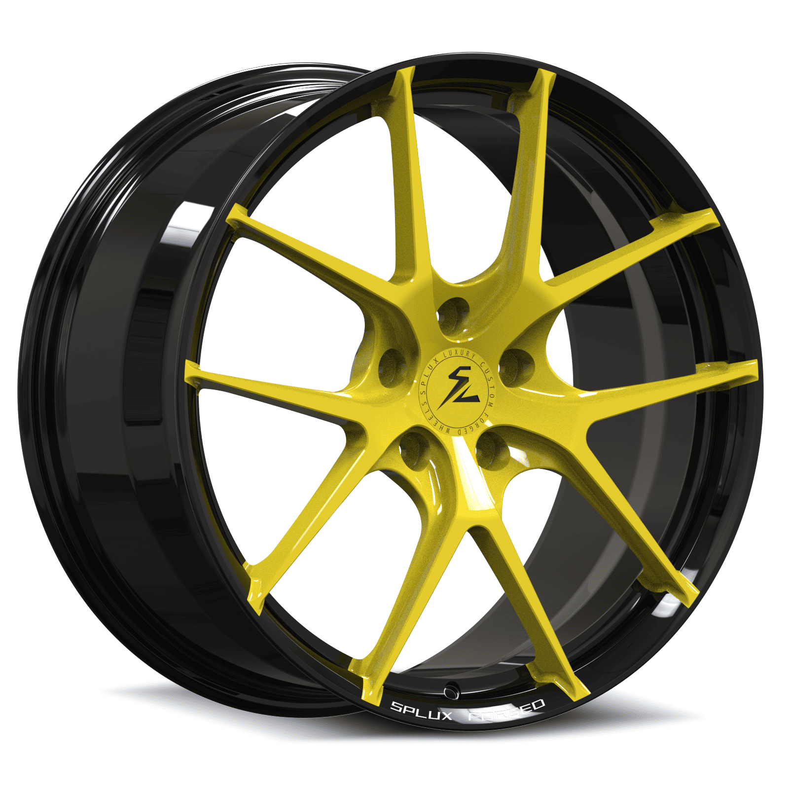 Lightweight BMW wheels with a yellow and black finish. Fully forged Y-spoke monoblock wheels with free shipping.