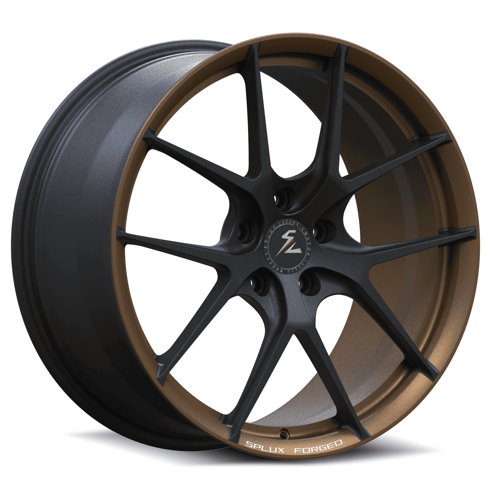 Lightweight racing concave wheels in 18x10. Custom forged one-piece wheels with a satin black and bronze finish.