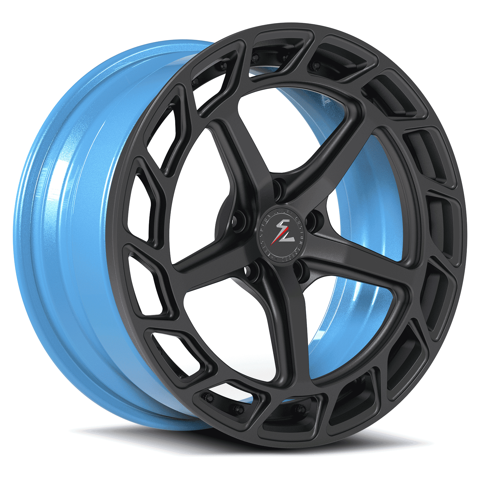 Blue rims on a blue car with a 5-spoke design. The best forged wheels for muscle cars.