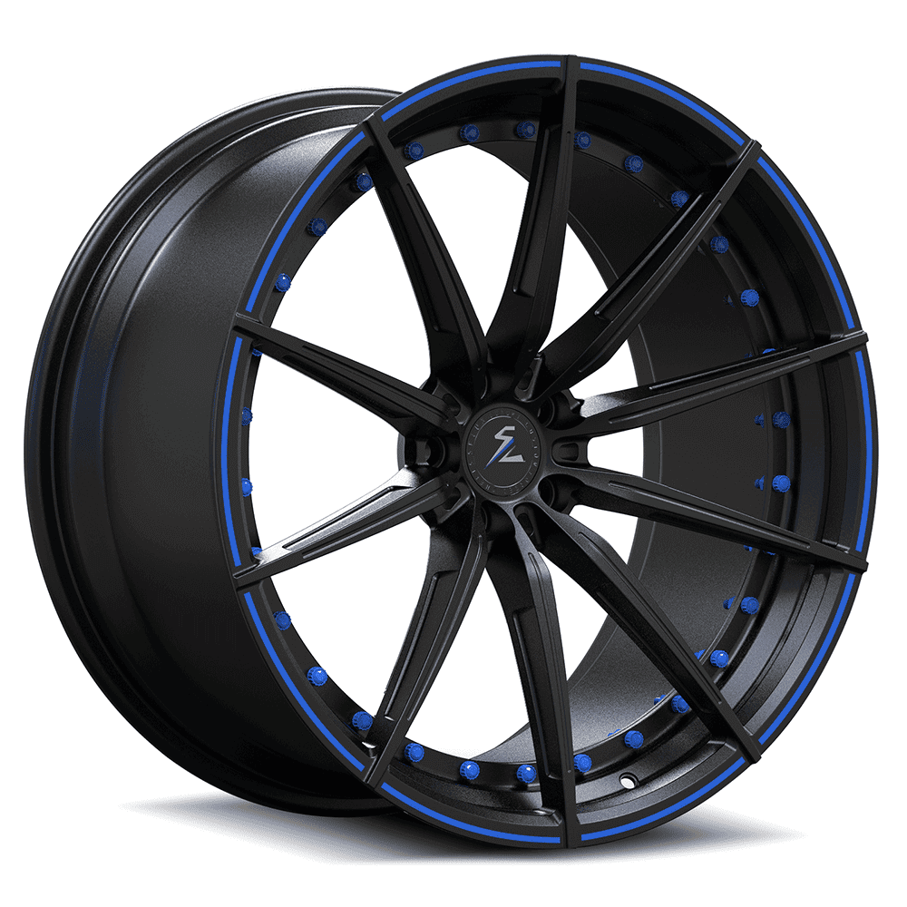 C6 Z06 in blue with black rims from fully forged custom luxury Splux wheels. 2-piece design for big calipers.