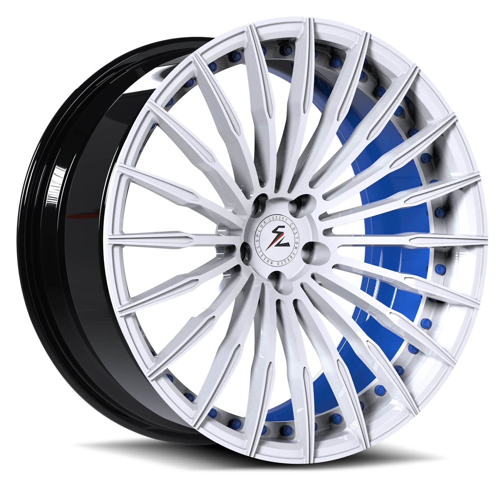 350Z blue car with white wheels from Splux SL-C24. chrome blue rims with white spoke.