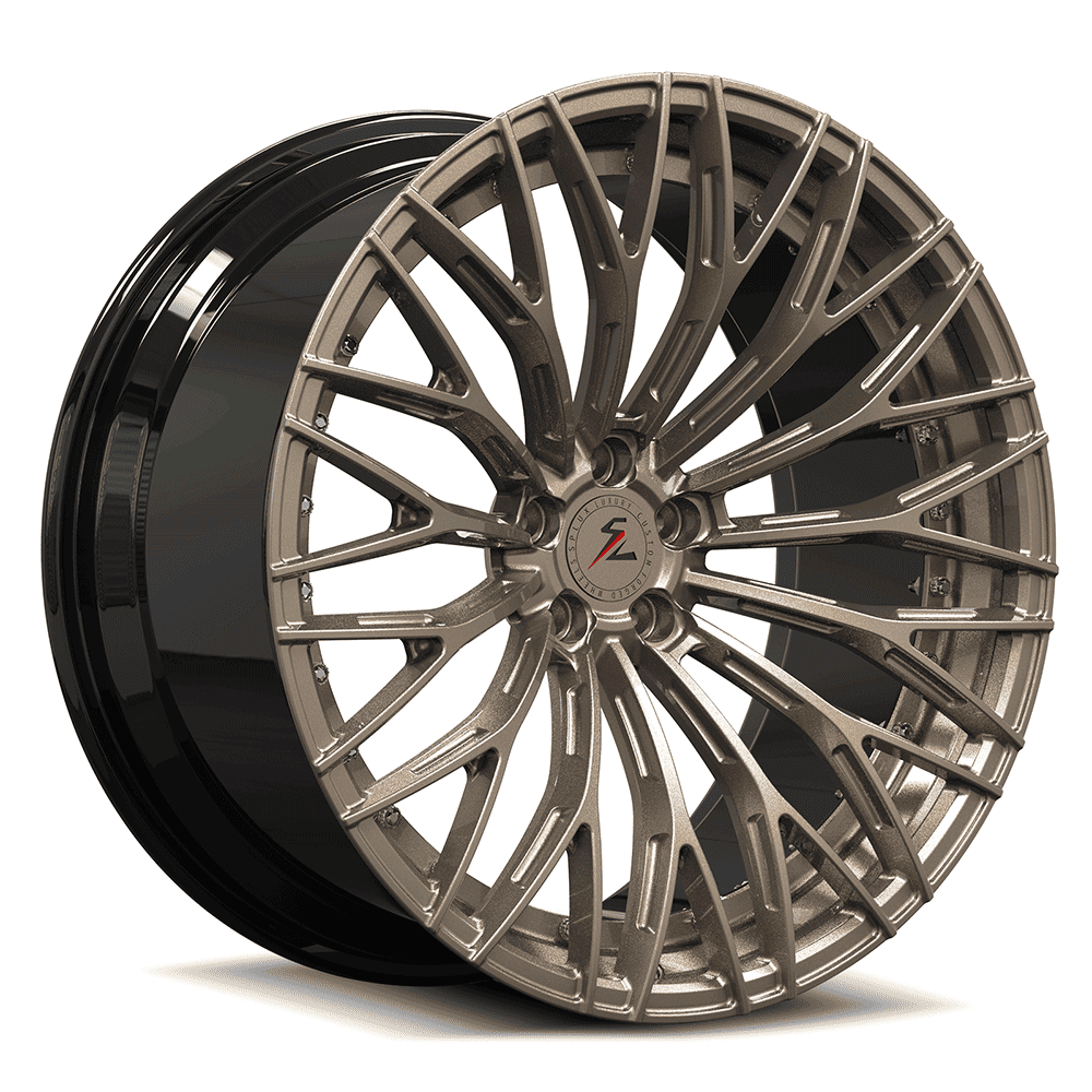 Burnt bronze wheels 20x11, 5x114.3 bolt pattern, perfect for a Dodge Challenger Hellcat with aftermarket luxury rims.