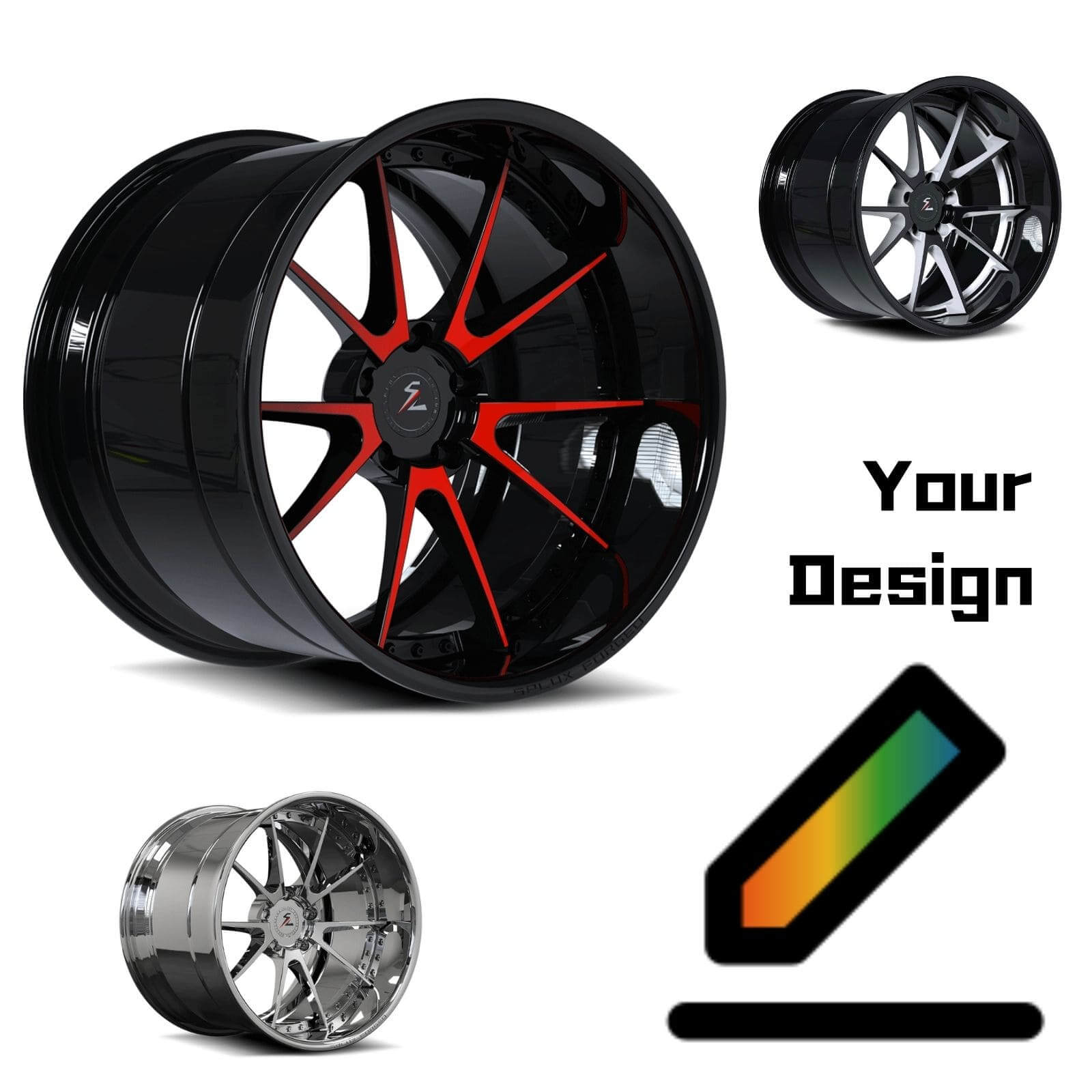 20" Deep dish mustang wheels with red accents and black,chrome, custom forged aftermarket rims for every car.