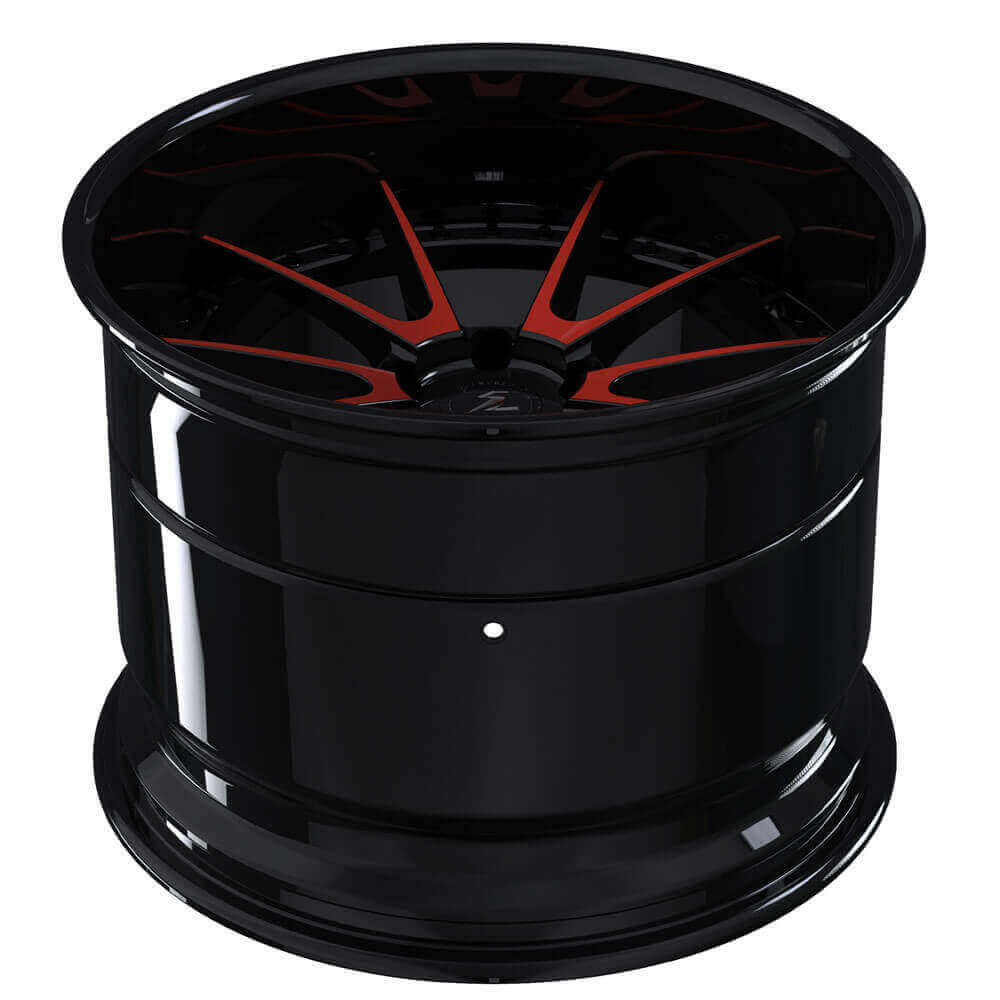 67 Mustang wheels with deep dish red rims,5-lug,10-spoke design,custom forged 17 inch aftermarket wheels by Splux SD-04.