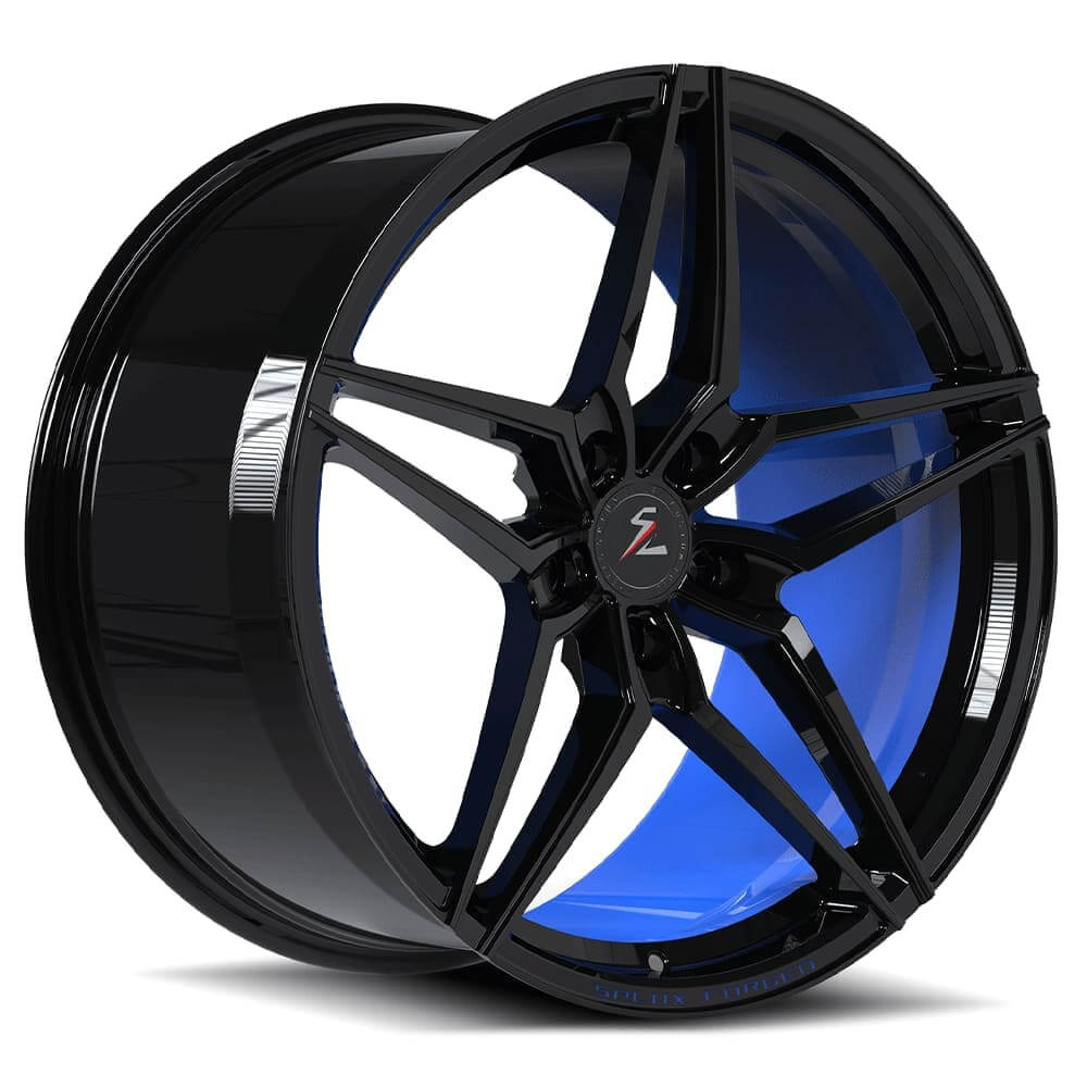 Chevy 5-spoke wheels with a Rapid Blue inner barrel. The best aftermarket Corvette C8 rims—SC-03M concave style.