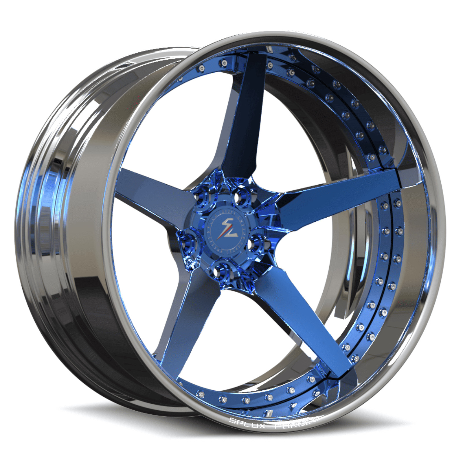 c5 deep dish rims on camaro with polished blue and chrome finish. 5 spoke deep lip aftermarket rims.