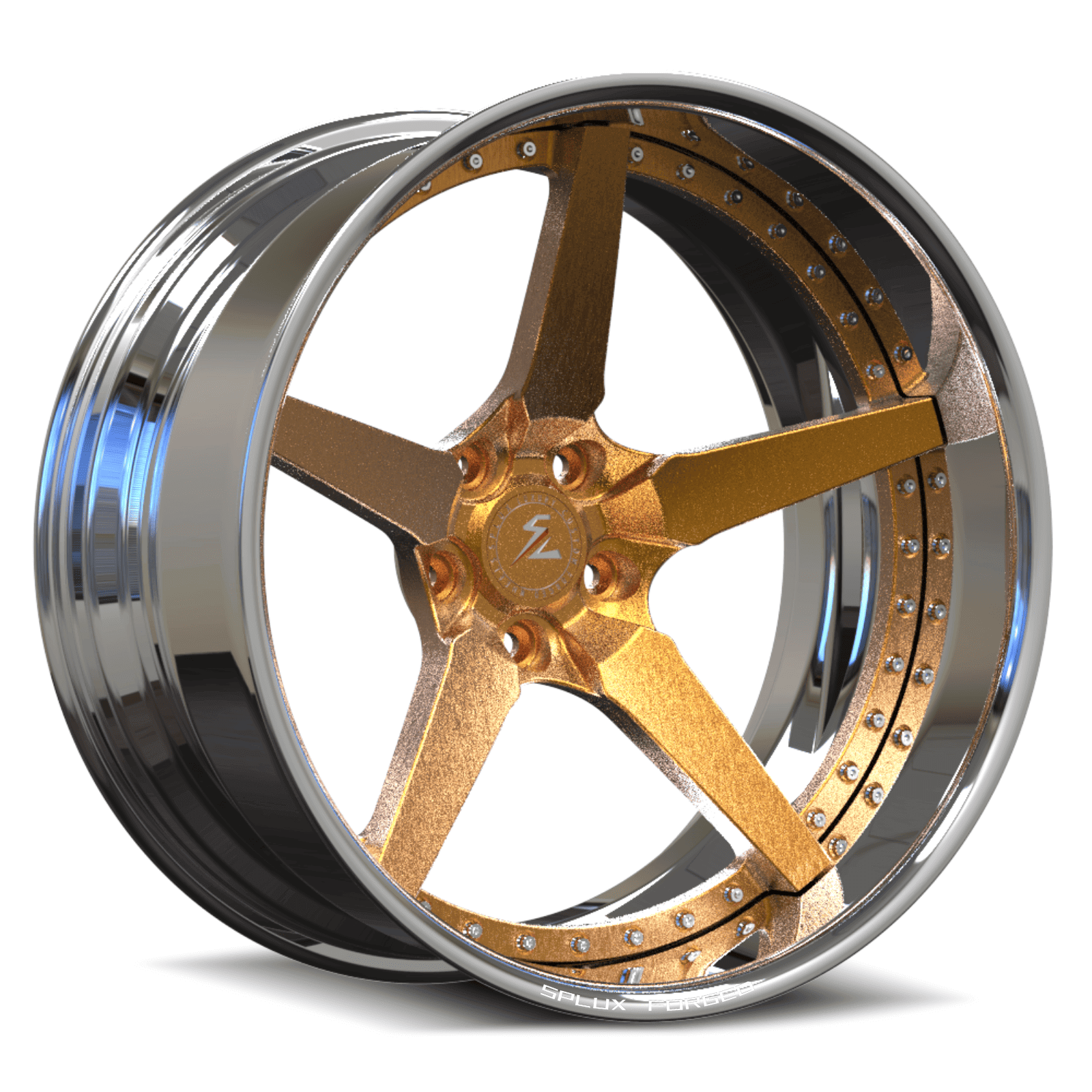 24 inch offset deep dish rims for yukon denali with brushed dark gold spoke and chrome barrel.
