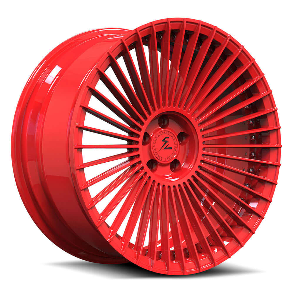 2023 Cadillac Escalade on 22" black custom forged 2-piece rims, multi-spoke, concave, with red finish options.