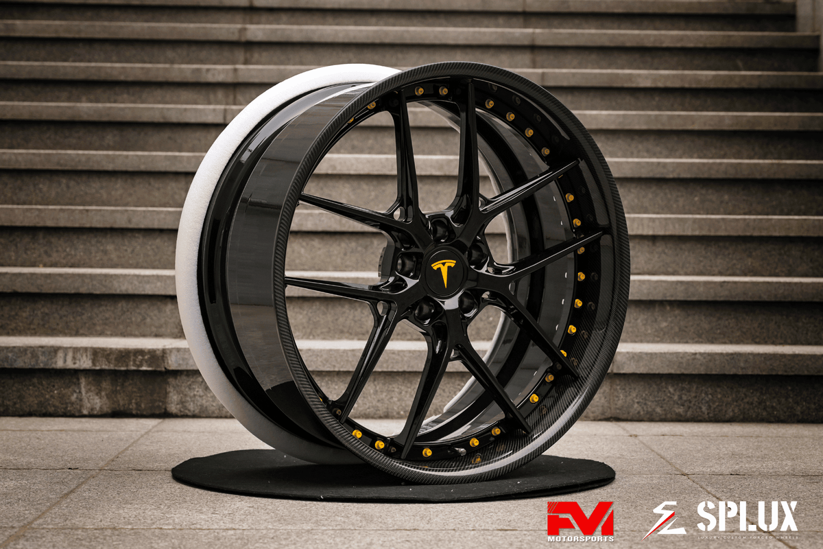 tesla model s wheels front three quarter view with SD-02 forged carbon fiber lip