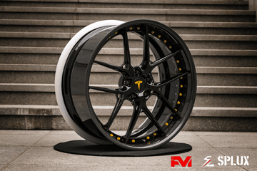 tesla model s wheels front three quarter view with SD-02 forged carbon fiber lip