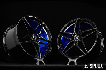 Splux SC-03M concave wheels for blue Corvette, featuring brushed blue finish and 5-spoke black design for a bold, stylish look.