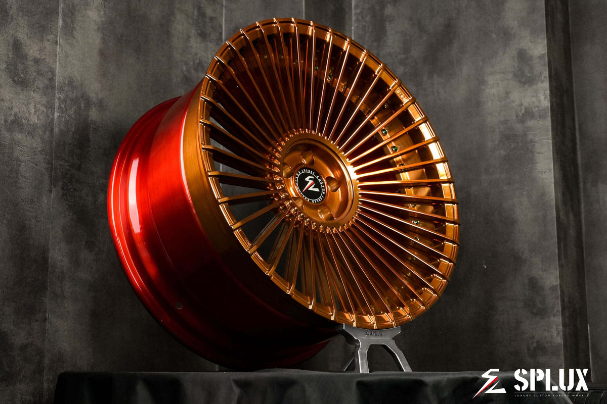 Splux SL-C22 custom forged 2-piece wheels for 2007 B5 RS4, featuring concave luxury multi-spoke design in bronze and red.