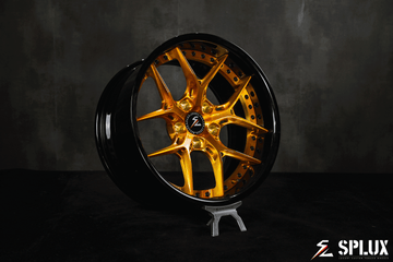 Splux SD-01 custom forged 2-piece wheels for 1967, 1995 Camaro, featuring deep dish Y-spoke design in black and gold, 18/19 inch.
