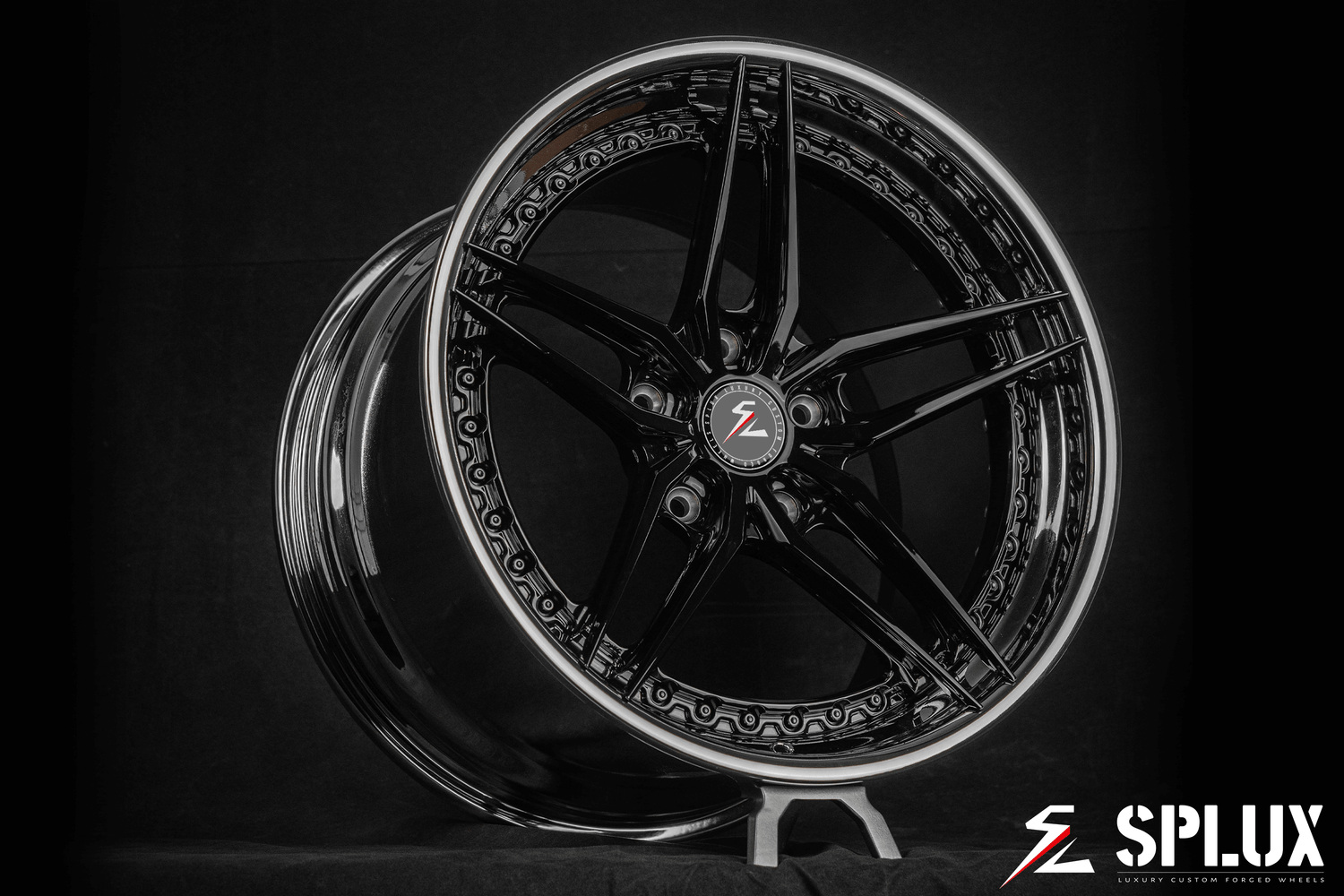 Splux SA-01 19-inch custom forged 2-piece black chrome wheels for 2008 Porsche 911 Turbo. Concave, aggressive 5-spoke design for luxury.