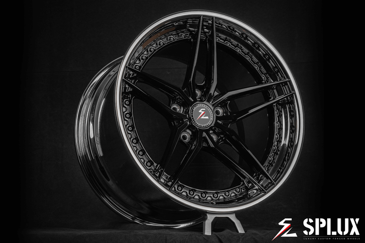 Splux SA-01 19-inch custom forged 2-piece black chrome wheels for 2008 Porsche 911 Turbo. Concave, aggressive 5-spoke design for luxury.