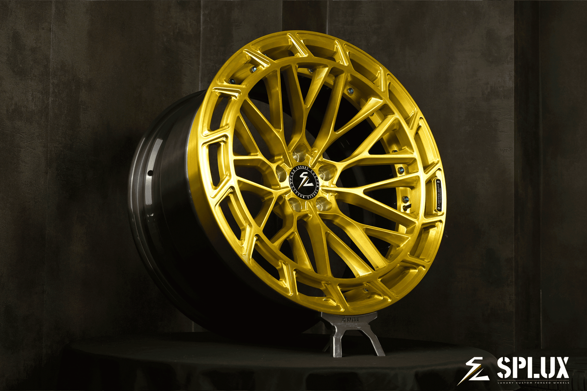 2015 E60 M5 wheels by Splux, 20-inch, concave design in gold and black, custom forged 2-piece aftermarket rims for BMW.