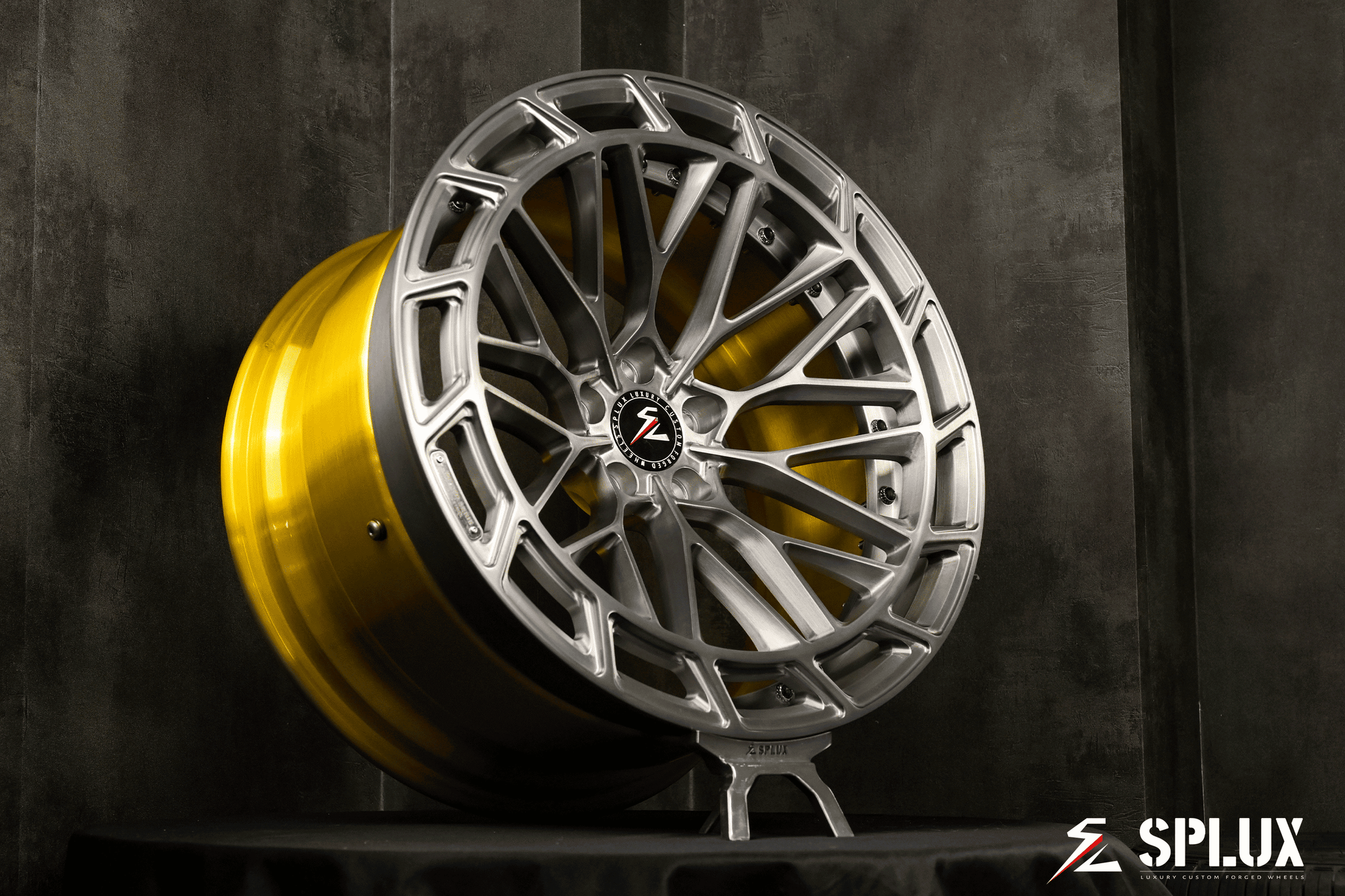 Splux SL-C12 custom forged 2-piece silver and gold concave aftermarket rims for 2015 BMW M3 wagon, adding a luxury touch