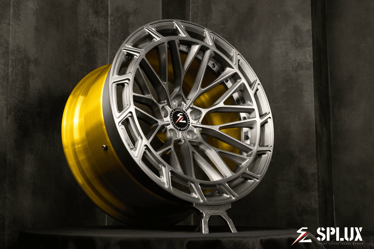 Splux SL-C12 custom forged 2-piece silver and gold concave aftermarket rims for 2015 BMW M3 wagon, adding a luxury touch