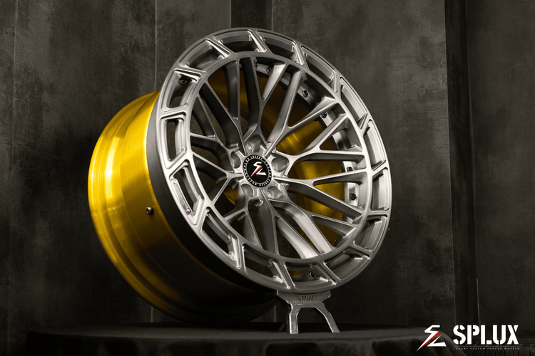 Splux SL-C12 custom forged 2-piece silver and gold concave aftermarket rims for 2015 BMW M3 wagon, adding a luxury touch